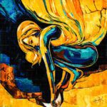 Expressionist figurative oil painting titled The Shades of Desires featuring a crouching female figure wrapped in vibrant yellow and deep blue impasto strokes.