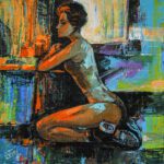 Expressionist acrylic painting titled "And She is in love" featuring a kneeling woman in profile surrounded by vibrant orange, blue, and teal abstract textures.