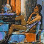 Her Calmness and Gentleness original acrylic painting featuring a seated woman in a serene, thoughtful pose with vibrant blue and warm orange textured brushstrokes.