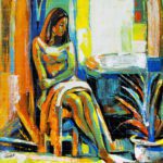 Colorful expressionist painting of a young girl sitting thoughtfully indoors, featuring vibrant orange, blue, and yellow brushstrokes.