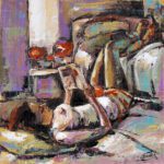 Reading The Thoughts of Love - Healing Art | Expressive painting of a woman relaxing and reading a book indoors