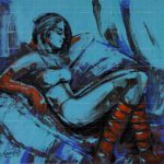 "The Blue Night and Deep Thoughts original painting featuring a contemplative woman rendered in blue tones with vibrant red accents."