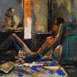 Textured oil painting titled "The Glimpse of Lovable Moon" featuring a woman lounging near a window with a teddy bear nearby.