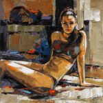 Original figurative art painting titled The Morning Calmness, featuring a serene woman sitting in a warm, textured interior.