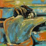 Expressionist painting of a figure's back view with textured blue, orange, and green brushstrokes, titled The Lovable Lust - Art for Life.