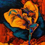 "And I Can Fly Too" contemporary figurative painting featuring an expressive human figure in blue and teal dancing against a high-contrast orange and black abstract background.