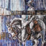 Abstract palette knife painting titled Horse Rider featuring a person in a hat riding a white horse against a textured blue, white, and brown background.