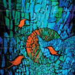 Abstract painting titled The Beautiful Hummingbirds featuring orange birds on a textured blue and green background.