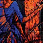 Original spiritual figurative painting titled The Bird of Hope, featuring a hooded blue figure interacting with a small bird amidst textured orange and black abstract backgrounds.
