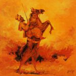 Oil painting of a traditional Punjabi warrior in a turban, riding a rearing horse against a vibrant orange and yellow background.