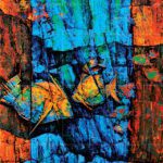 Abstract ocean painting titled "The Songs of Sea" featuring vibrant yellow fish swimming in a vertical blue underwater channel, framed by textured orange and red coastal rocks.