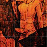 Expressionist oil painting titled "The Unworthy Touch - Tragic Painting" in warm orange, red, and black tones, depicting stylized figures with a textured, cracked finish.
