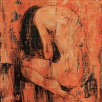Me and My Oblivion - Expressionist figurative oil painting of a hunched nude figure against a textured orange background.