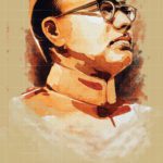 Subhash Chandra Bose portrait painting in sepia tones by Gurdish Pannu showing the Indian freedom fighter wearing round spectacles and cap
