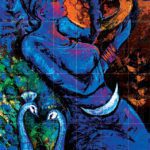 Contemporary acrylic painting titled The Night and Day featuring a man and woman gazing at each other amid vibrant blue and orange hues, with two peacocks in the foreground.