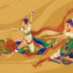 Original painting titled Beautiful Dance of Life featuring two female dancers with flowing teal and earth-toned fabrics.