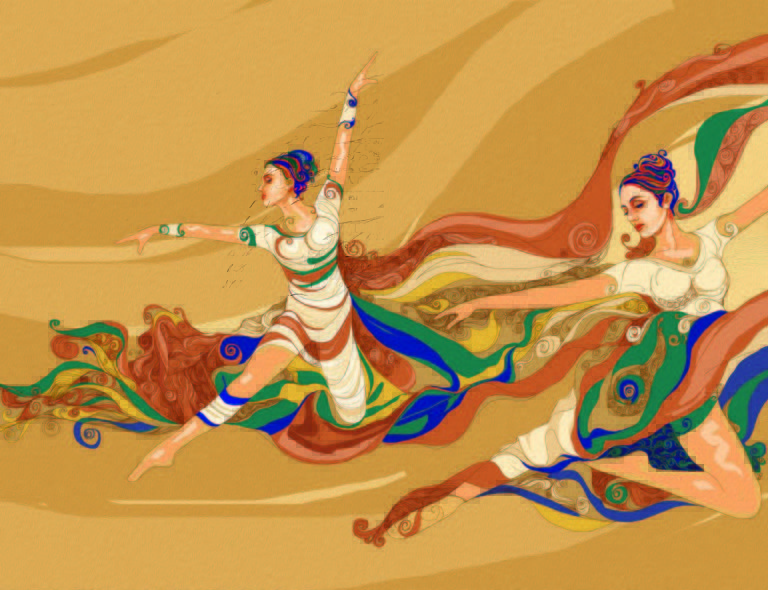 Original painting titled Beautiful Dance of Life featuring two female dancers with flowing teal and earth-toned fabrics.