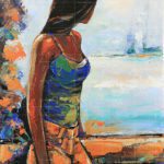 Impressionist oil painting titled "Drop In The Ocean" featuring a woman with long dark hair looking out at the sea.