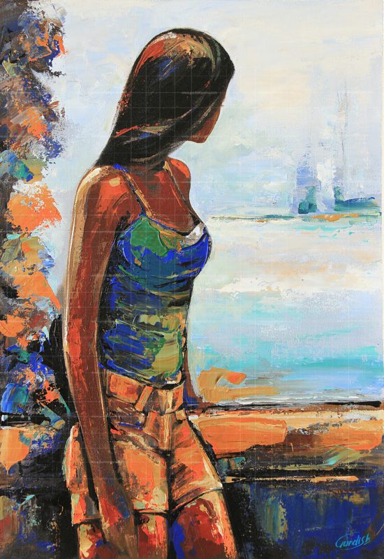 beautiful handmade acrylic painting of a girl who is standing next to the ocean and wandering about her beloved. world famous painting for decorating rooms and offices