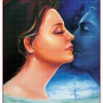Original surreal oil painting titled Earth’s Romance With Beautiful Sky, featuring a profile of a woman representing Earth and a blue male face in the sky about to kiss.