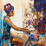 Acrylic palette knife painting of a girl riding a bicycle with a basket full of colorful flowers, titled The Girl with Beautiful Flowers.