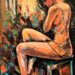 Her Loud Silence - Figurative Artwork painting of a pensive woman sitting on a stool, rendered in expressive expressionist brushstrokes with warm orange, teal, and earth tones.