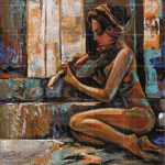 Her Morning Elegance oil painting featuring a woman playing a violin, created in a textured palette knife impressionist style with warm earth tones, blue accents, and expressive brushstrokes.