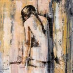 In Her Oblivion - original expressive impressionist painting of a woman with braided hair viewed from behind, featuring textured muted ochre, blush pink, and charcoal tones.