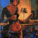 Acrylic painting of a thoughtful woman holding a mug and reading a letter under warm lamp light, titled My Love- Remembering You.