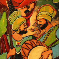 Punjabi Bhangra painting featuring two men in traditional turbans playing the dhol drum and a woman dancing in vibrant cultural attire.