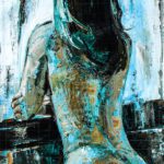 Tell me now- Girl Before Bath original textured painting of a nude woman from behind in teal, black, and white impasto style.