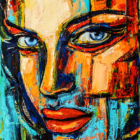 Abstract portrait painting titled The Aura featuring a woman's face with striking blue eyes and vibrant palette knife textures.
