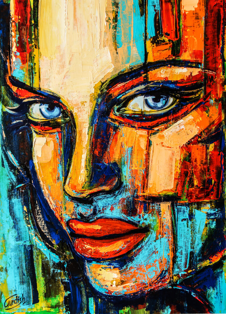 Abstract portrait painting titled The Aura featuring a woman's face with striking blue eyes and vibrant palette knife textures.