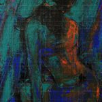 The Beautiful Desire, an original expressionist nude painting featuring a female silhouette rendered in deep teal, vibrant blue, and fiery orange brushstrokes.