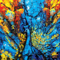 Vibrant abstract peacock painting featuring textured blue, yellow, and red acrylic details