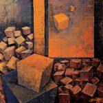 Postmodern abstract oil painting titled The Cubical Relationships featuring textured orange and brown geometric cubes arranged against a dark, structured background.