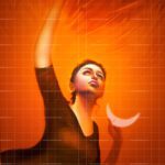 The Girl and The Moon painting, a surreal acrylic artwork featuring a woman in a black dress against a vibrant orange background, holding a white crescent moon.