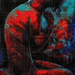 The Seclusion - Expressionist figurative painting of a solitary seated human figure in bold red and textured teal tones, evoking isolation.