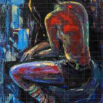The Silent Night- Figurative Painting, an expressive fine art oil painting of a seated figure in a dark room with bold red and blue brushstrokes, perfect for contemporary art collectors.