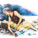 The Love Story - Sohni Mahiwal original watercolor painting depicting romantic Punjabi folklore lovers in stormy river waters
