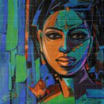 Modern abstract portrait painting titled Young Beautiful Girl featuring a woman's face in vibrant blue, green, and orange tones.