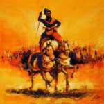 Singh of Anandpur Sahib Sikh warrior artwork depicting a Sikh warrior on horseback holding a spear against a warm golden yellow background.