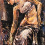 After the Bath expressionist acrylic painting of a woman draped in cloth, textured fine art canvas.