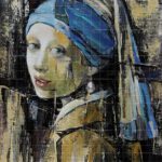 Modern abstract textured oil painting of Girl with a Pearl Earring featuring a blue and gold headscarf and dramatic palette knife brushstrokes.