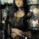 Modern mixed-media Mona Lisa painting with abstract textured background, dark grays, and yellow highlights for contemporary art collectors.