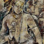 The Ajanta Cave Painting Buddha artwork depicting Bodhisattva Padmapani holding a white lotus flower with an antique, textured fresco finish.