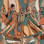 Vibrant original painting titled Punjabi Folk Dance Giddha Day depicting traditional Punjabi women performing Giddha dance in warm yellow and teal attire.