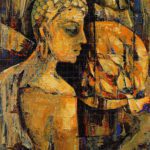 Abstract Lord Buddha painting titled Golden Bird featuring a serene side profile of Buddha in textured gold, yellow, and earthy brown tones with a circular golden bird cage motif.