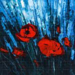 Original abstract floral artwork titled "Delightful Red Roses" featuring textured red roses painted against a streaked blue and teal acrylic background.