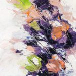 Abstract floral impasto oil painting titled Flowers of Kew Gardens, featuring thick palette knife textures in purple, orange, green, and white.